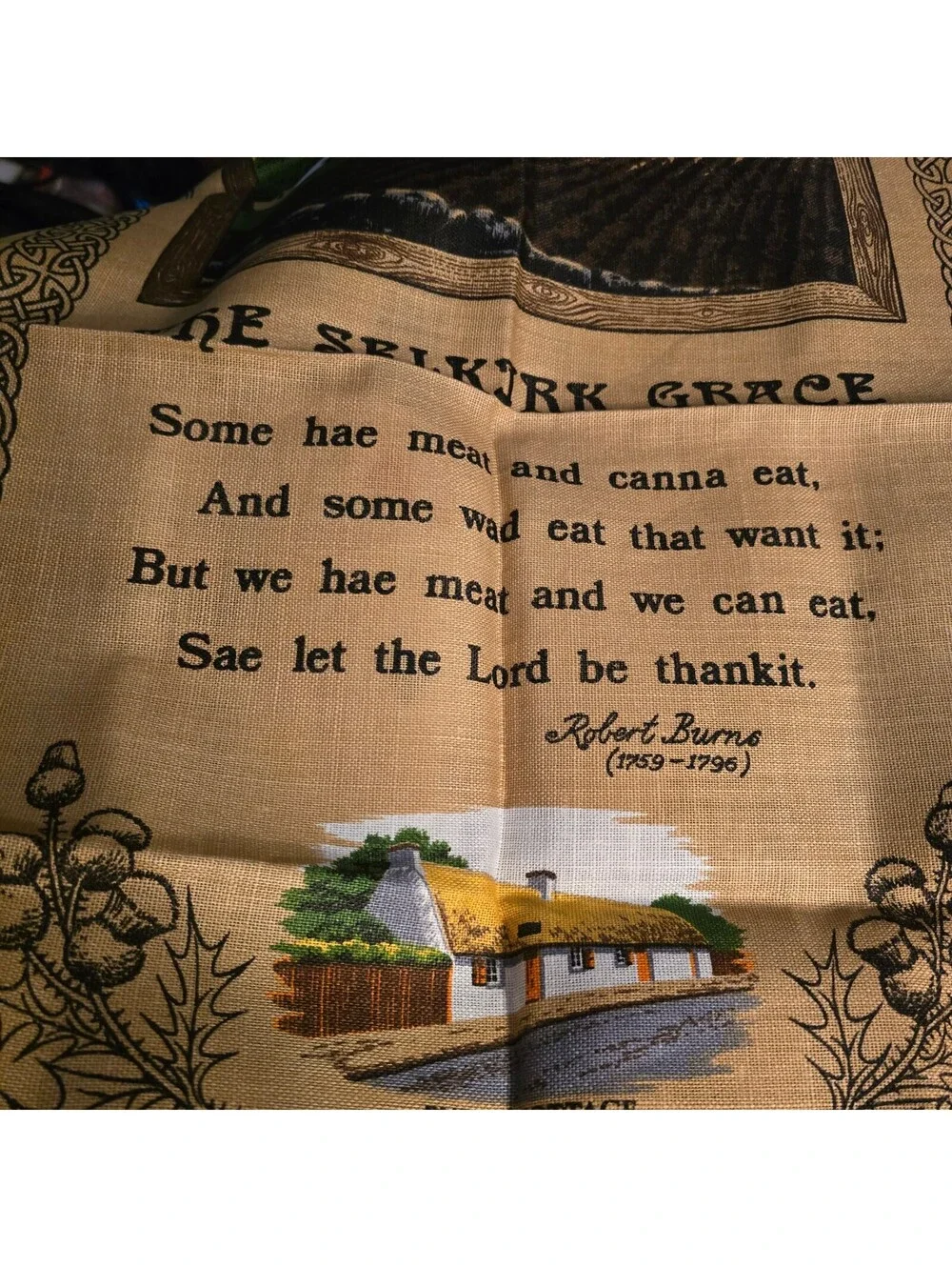 Vintage Linen Tea Towel with Selkirk Grace and Scottish Cottage Design